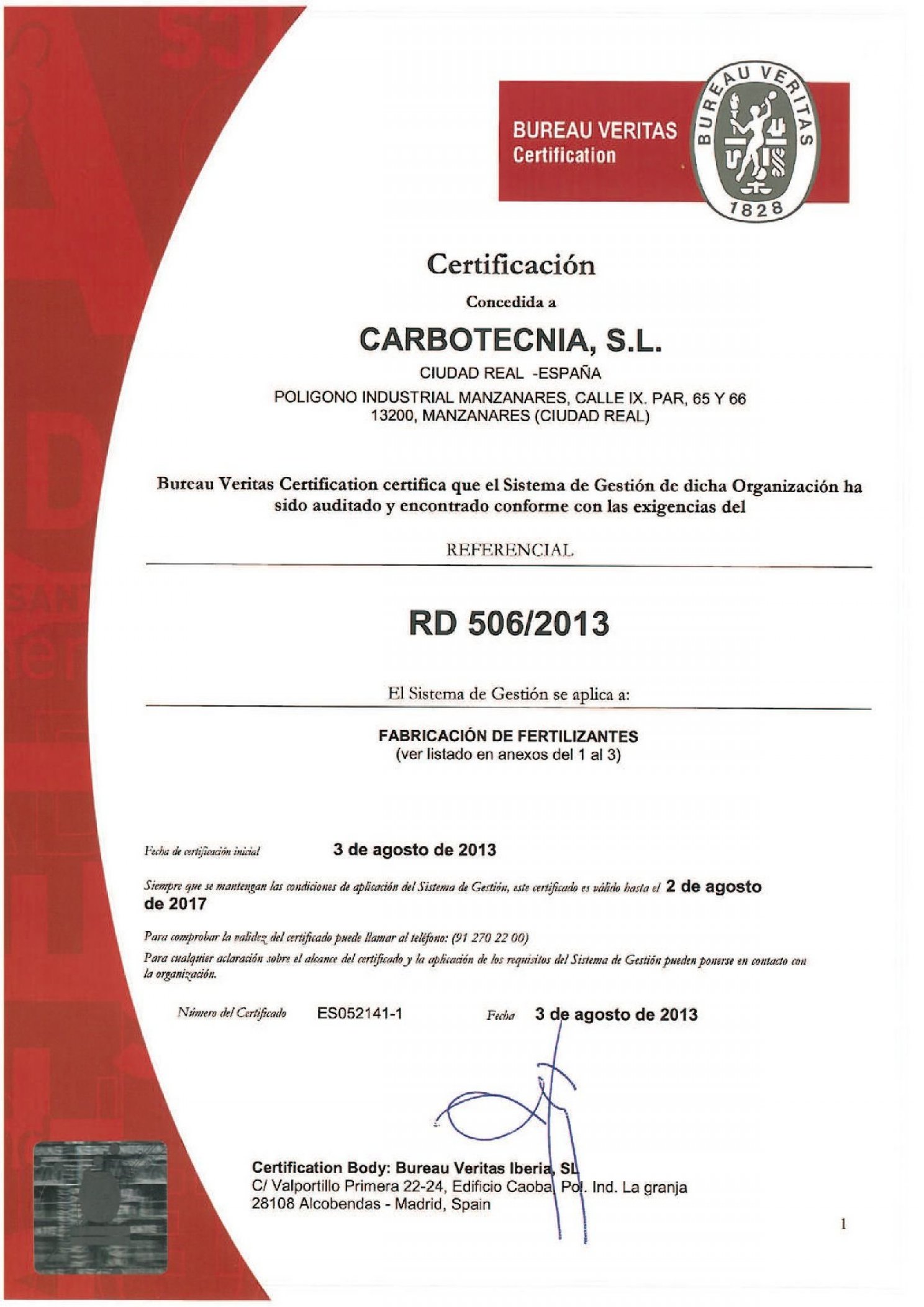 RD 506/2013 Certification