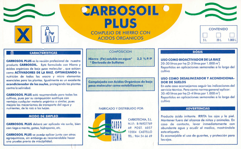 Antigua etiqueta de Carbosoil Plus fertilizantes