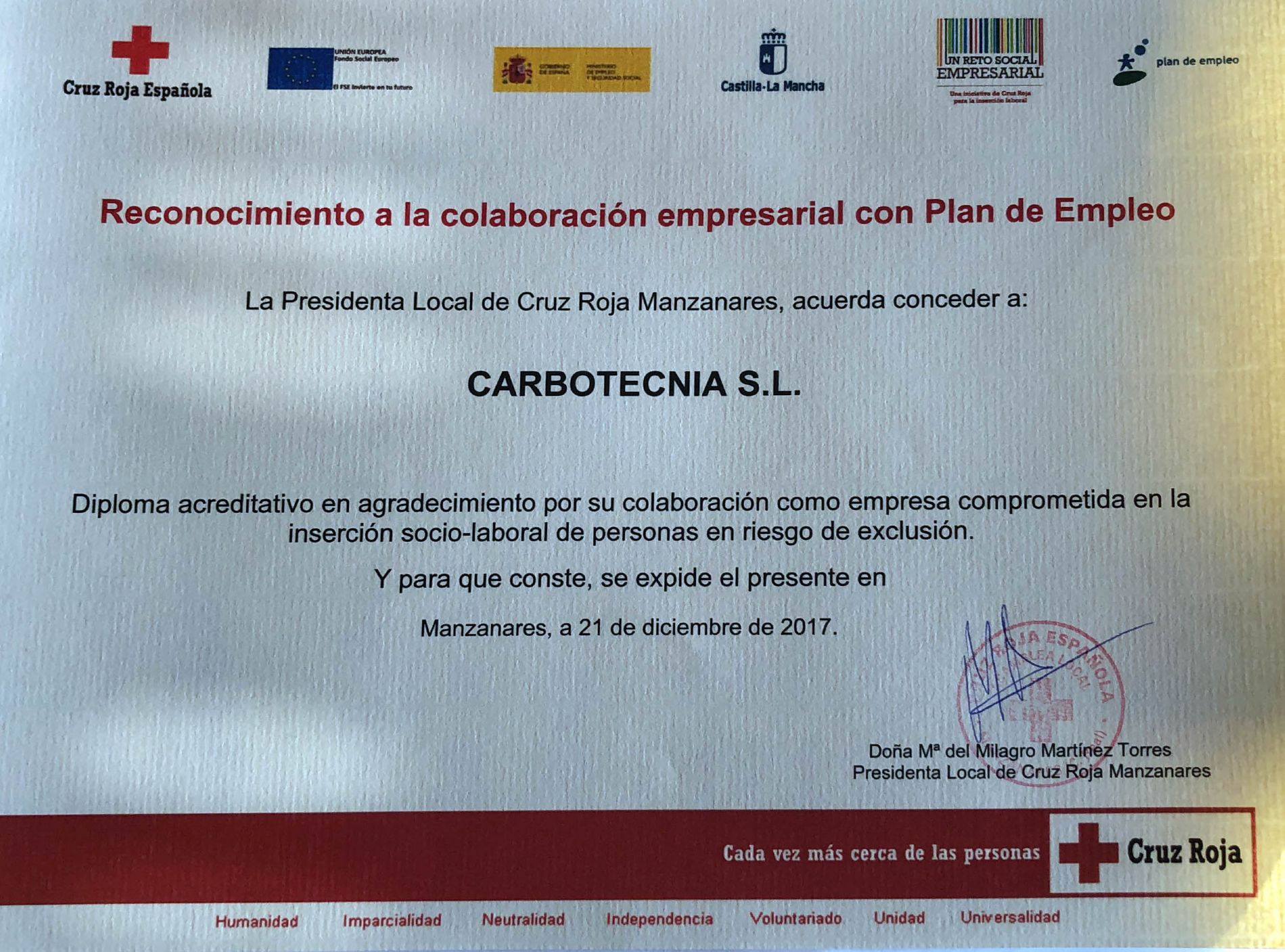 Reconnaissance  Carbotecnia pour sa collaboration avec la Croix-Rouge