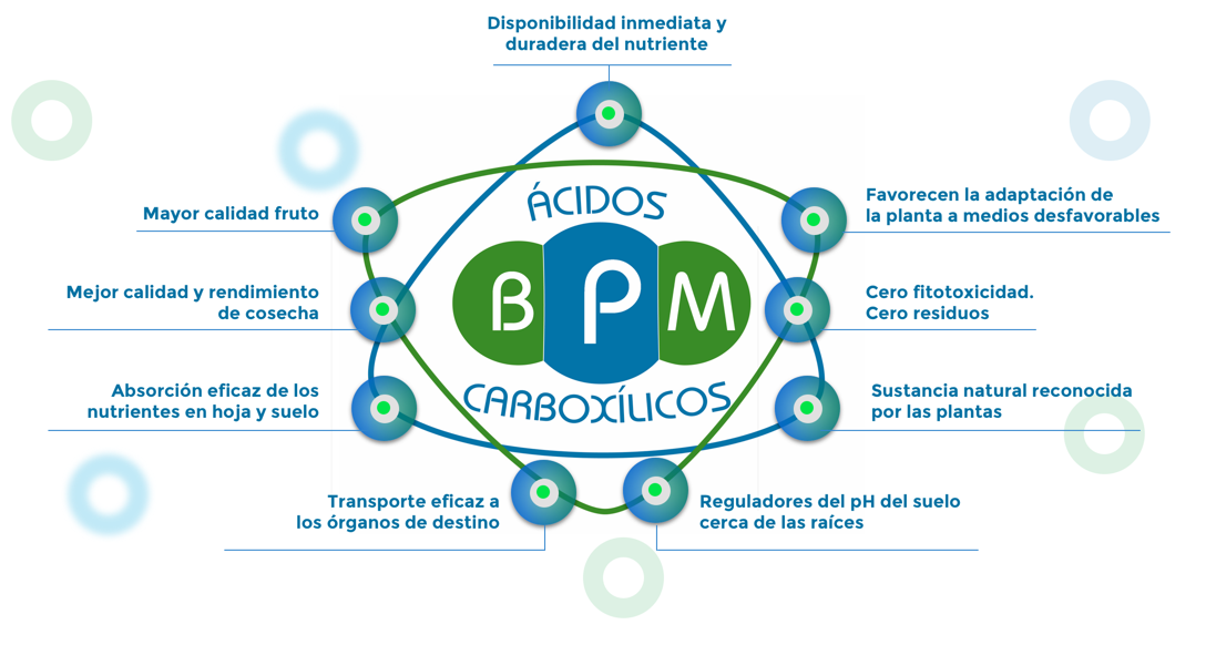 Ventajas de los abonos y fertilizantes basados en ácidos carboxílicos (orgánicos) de bajo peso molecular: mayor calidad del fruto, mayor rendimiento de cosecha, transporte de nutrientes en la planta.